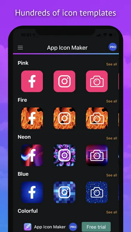 App Icon Maker template gallery with Pink, Fire, Neon and Blue categories of ready-made Facebook, Instagram and camera icons