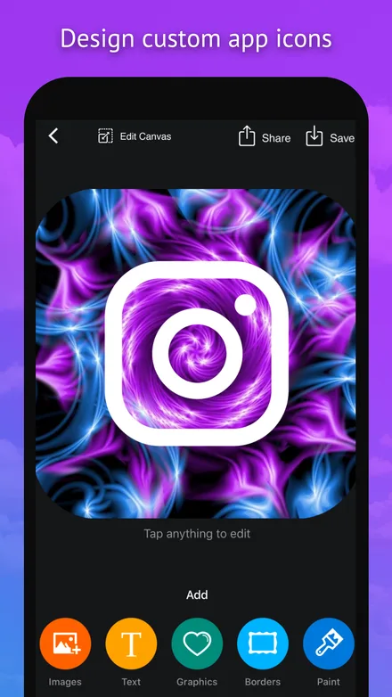 Icon editor with a neon purple camera icon on the canvas and Images, Text, Graphics, Borders and Paint tools below