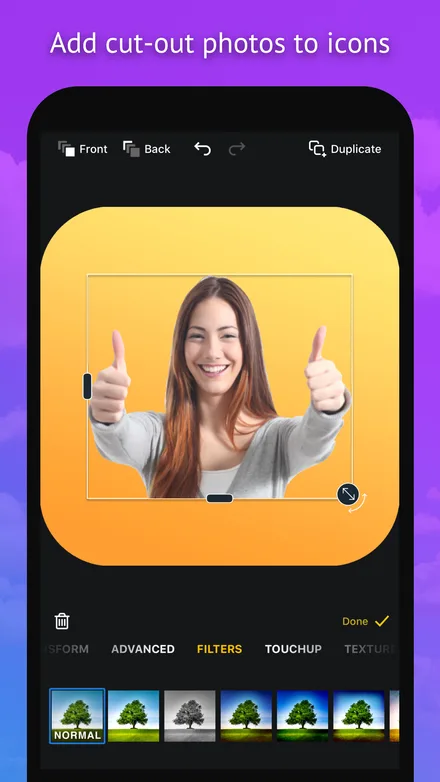 Cut-out photo of a woman giving two thumbs up placed on an orange gradient icon, with a strip of photo filters below